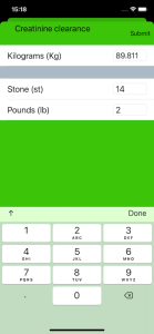 EMUK creatinine clearance showing built in conversion from stone to kilograms